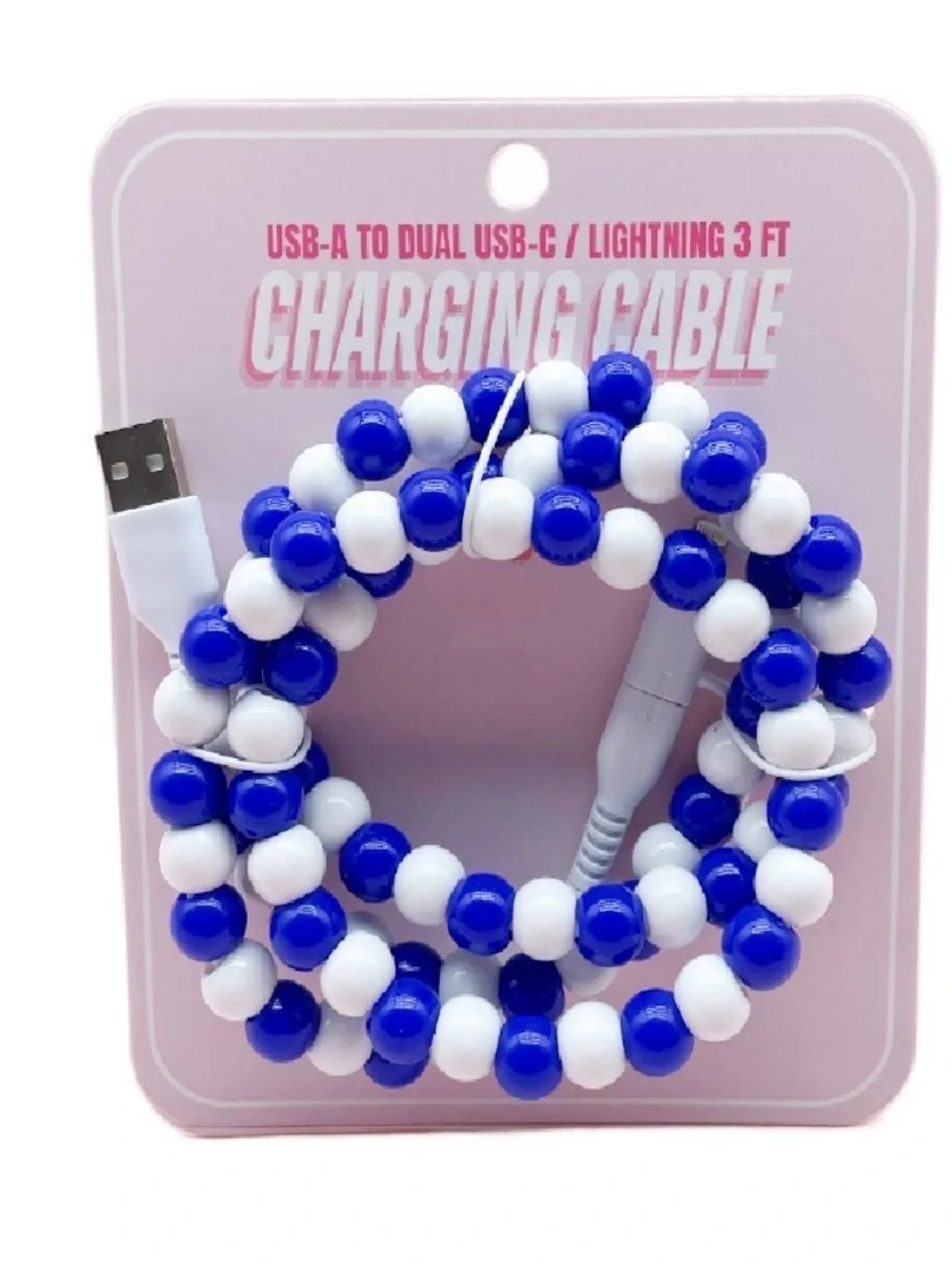 Universal Blue & White Beaded USB-A Charging Cable
